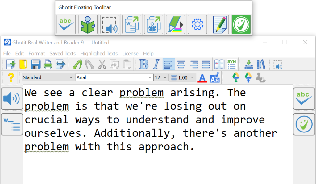 screenshot of Ghotit Real Writer text editor