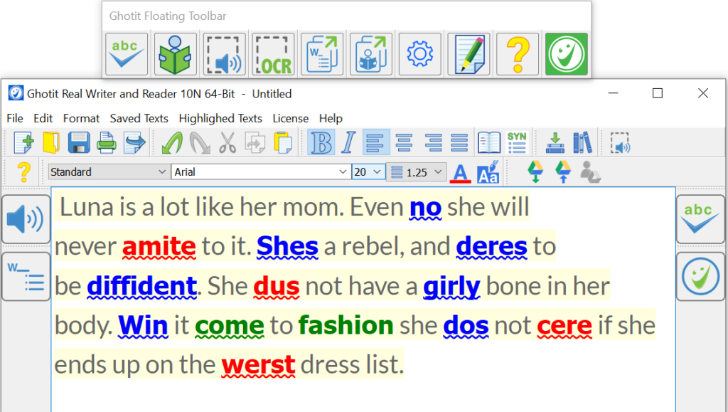 Screenshot of Real Writer with highlighted errors