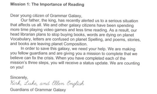photo of Grammar Galaxy Mission briefing for language arts work