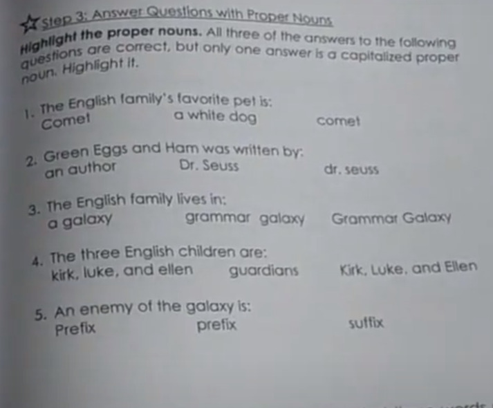 photo of noun exercise from grammar galaxy's mission manual 