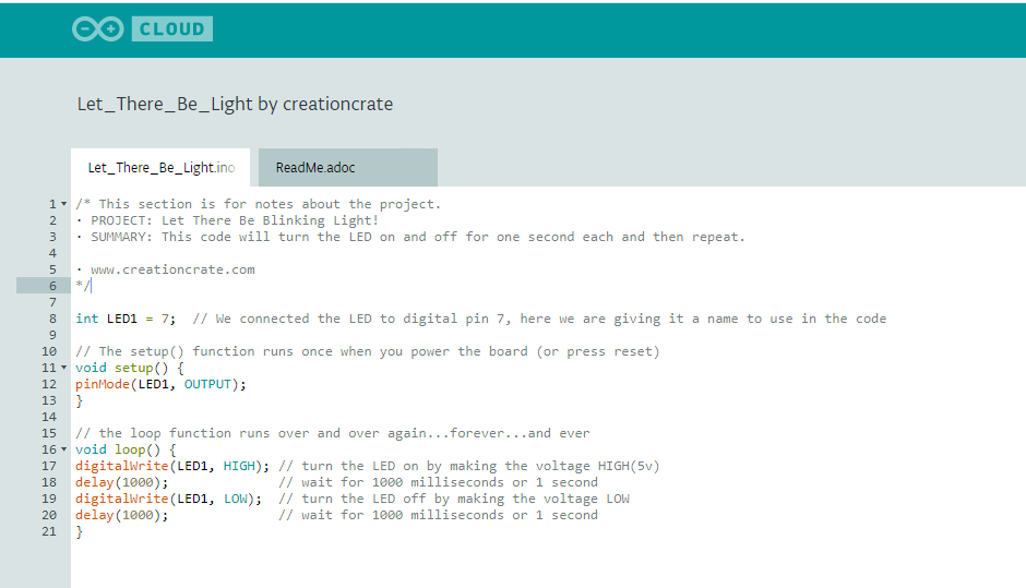 Screenshot of Creation Crate project in Arduino C