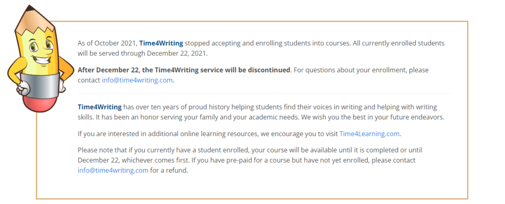 Screenshot of Time4Learning discontinuation notice