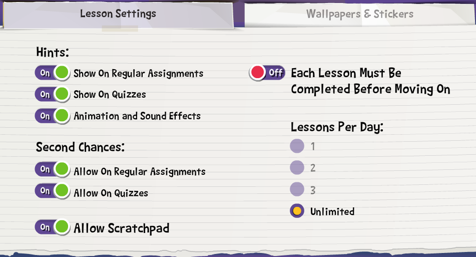 pic showing parent settings in teaching textbooks app