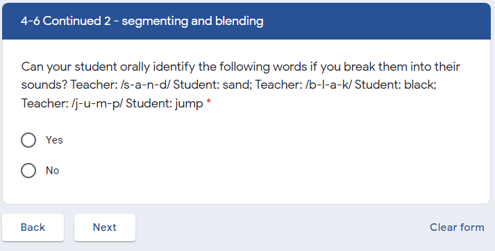 screenshot example of logic of english placement questionnaire