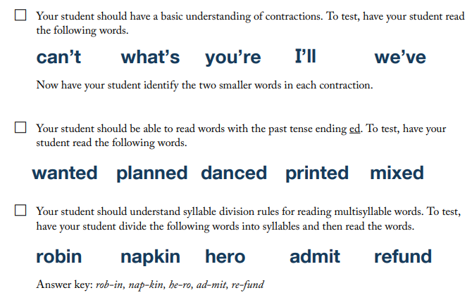 screenshot of all about reading placement test evaluation checklist