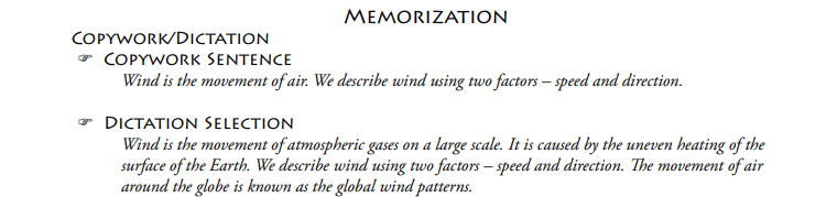 screenshot of Sassafras Science copywork and dictation exercises