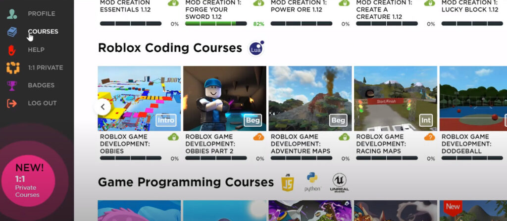 screenshot of codakid courses