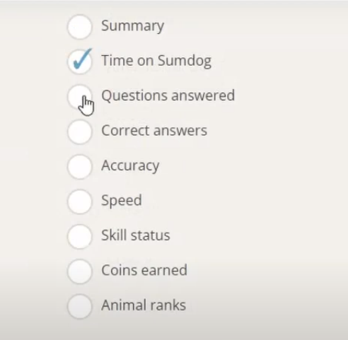 screenshot of sumdog progress tracking options