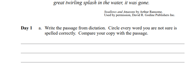 screenshot of Learning language arts through literature lesson showing dictation and self editing exercise