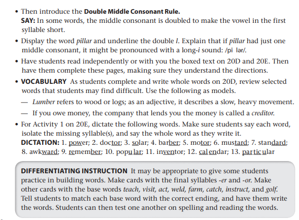screenshot of megawords teacher's guide lesson showing scripting and differentiation tips