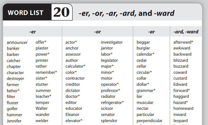screenshot of megawords word list divided up by word endings