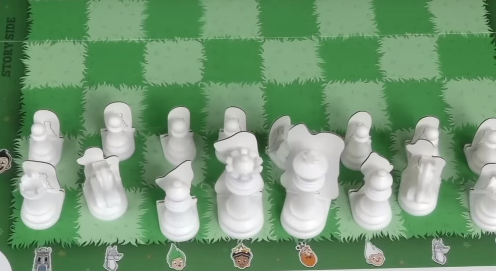 picture of story time chess board with pieces on it