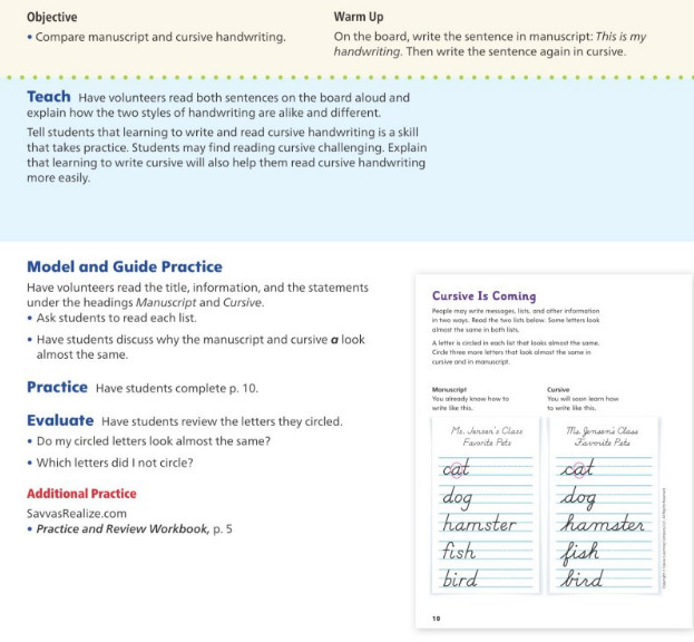 screenshot of lesson plan in d'nealian handwriting teacher's guide