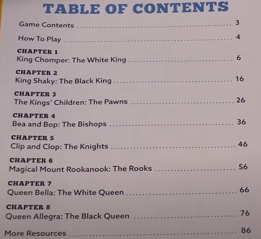 picture of lessons and table of contents in story time chess