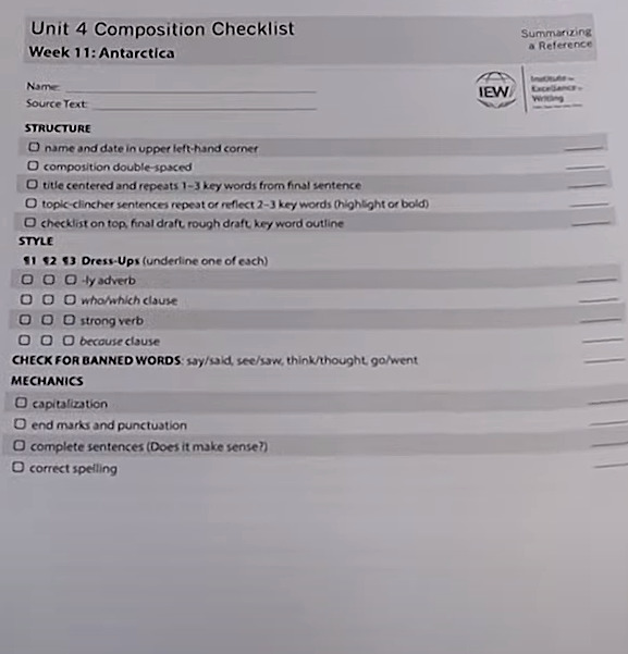 picture of IEW checklist for writing