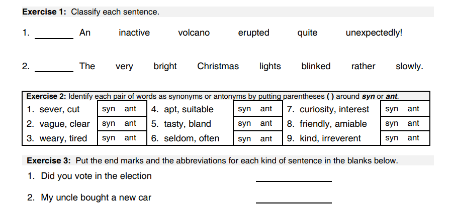 picture of work in student book for shurley english