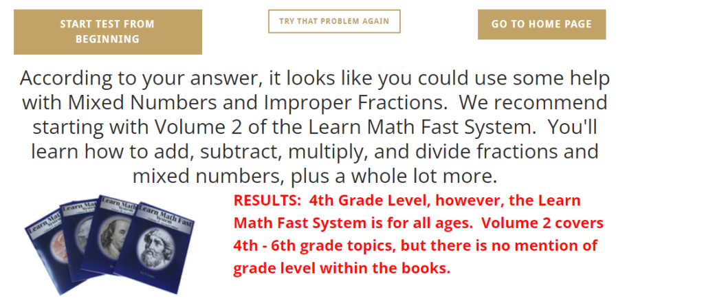 screenshot of recommendation from learn math fast interactive placement test