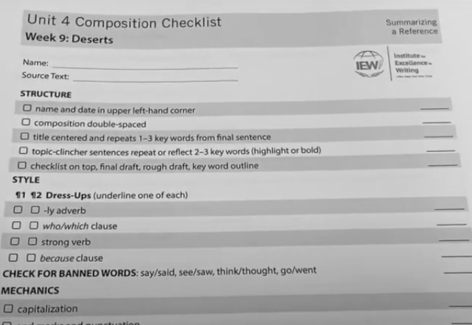 picture of iew structure and style weekly checklist