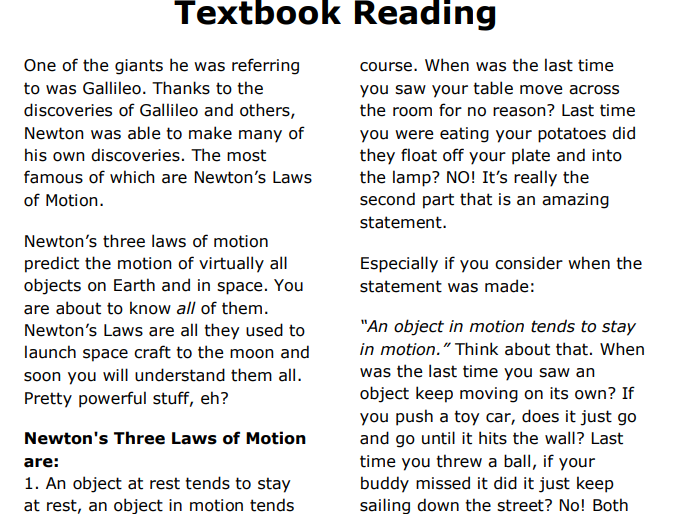 screenshot of textbook readings included for students in supercharged science