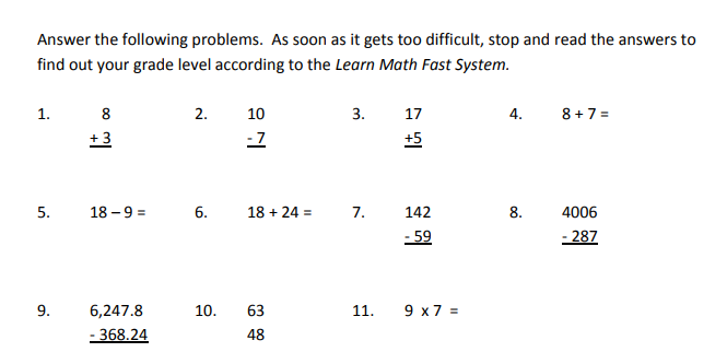 picture of learn math fast placement test