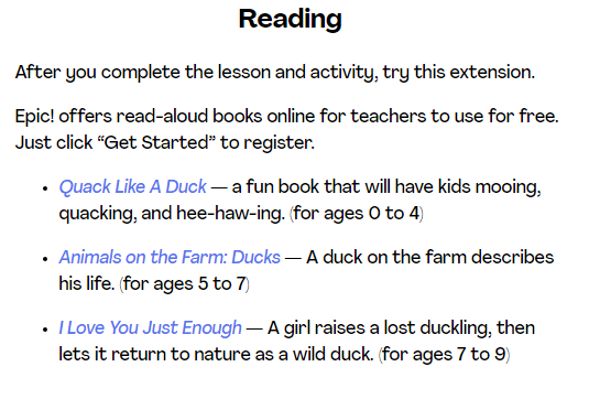 screenshot of suggested extra readings in mystery science offering options by age