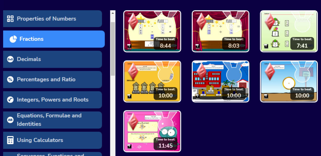 screenshot showing the different practice games available to math whizz users