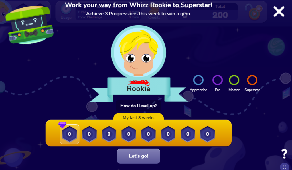 screenshot of gamification and points in math whizz 