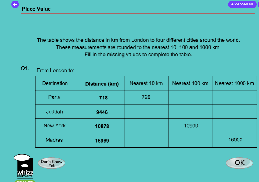 screenshot example of use of UK distances and references in maths whizz