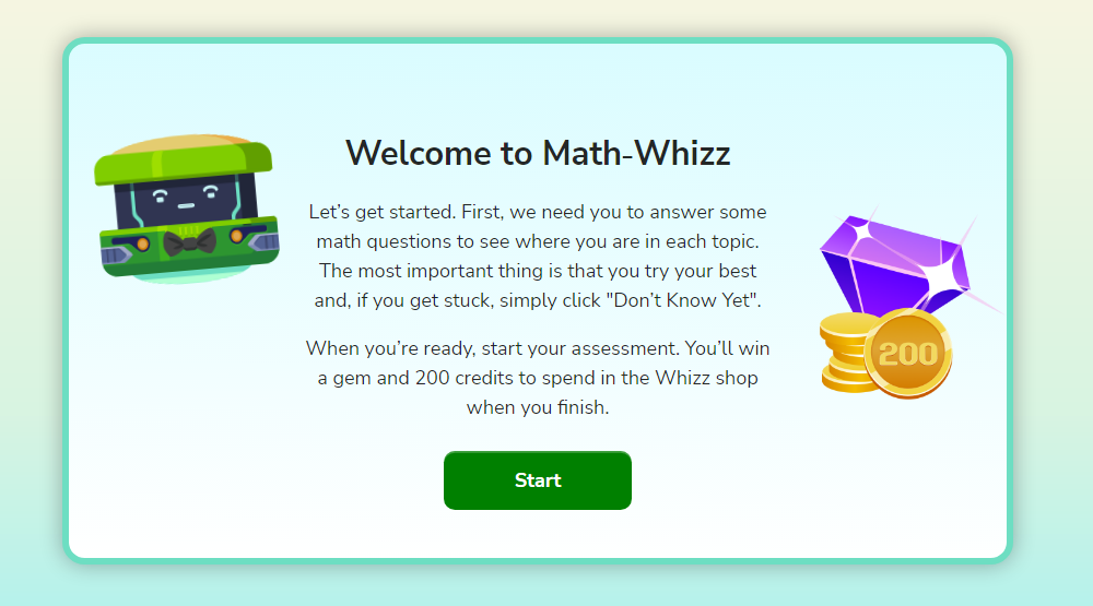 screenshot of math whizz placement test introduction