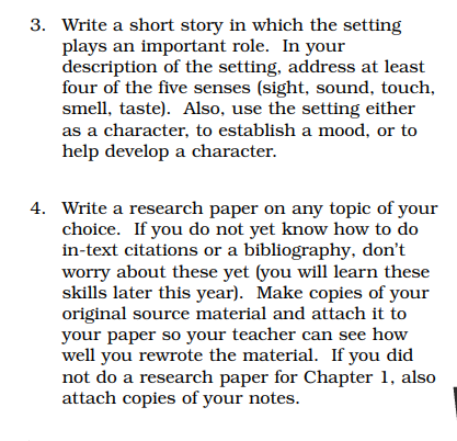 screenshot of writing exercises included in lightning literature, showing student choice
