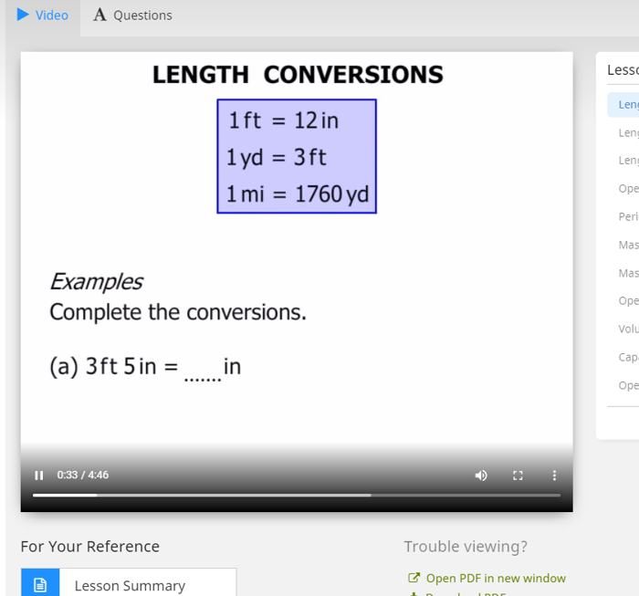 screenshot of ctc math lesson teaching unit conversions