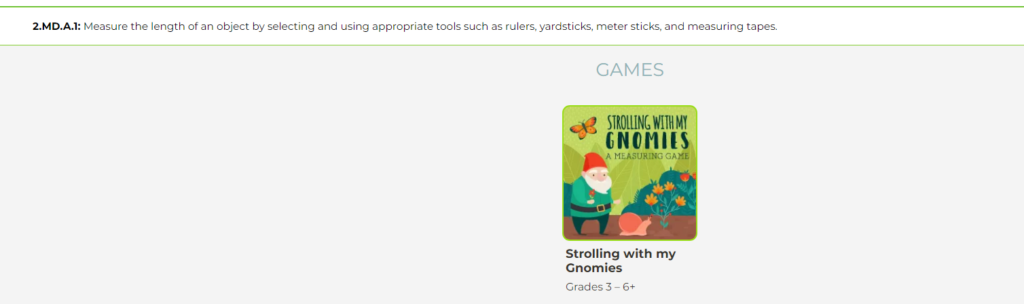 screenshot of common core standards and recommended abcya games