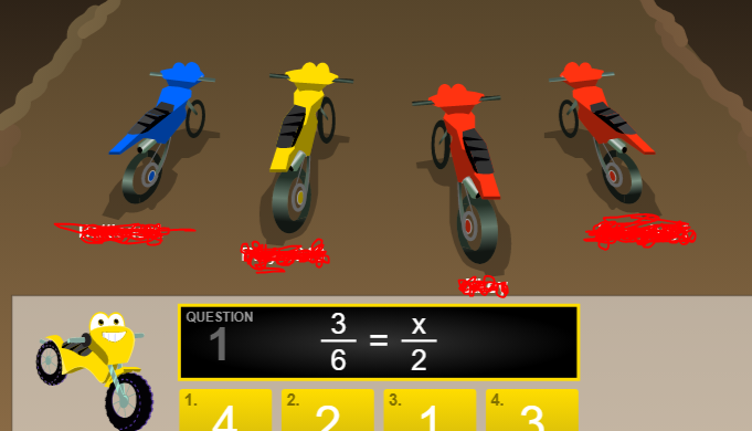 screenshot of dirt bike racer game on abcya showing math practice function