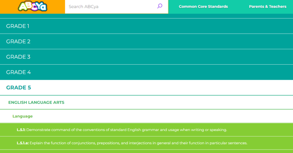 screenshot of common core standards search page on abcya