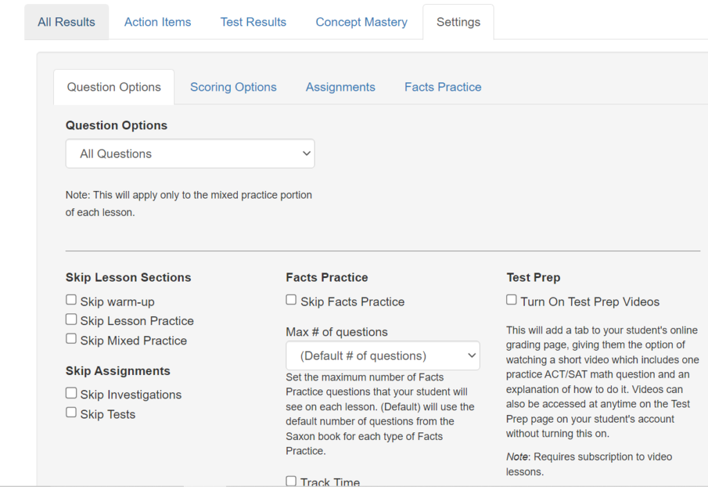 screenshot of customization options that my math assistant offers parents teaching saxon