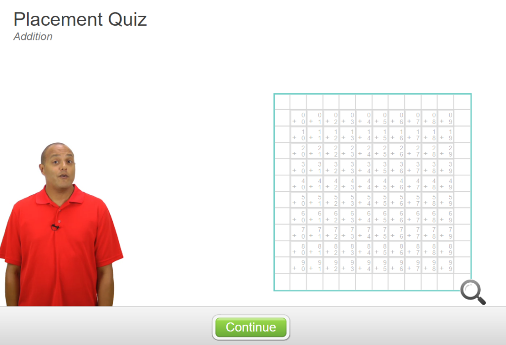 screenshot of placement test in xtra math