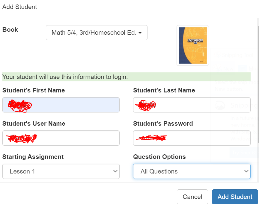 screenshot of student account creation in my math assistant