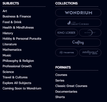 screenshot of browsing options and arrangement on wondrium