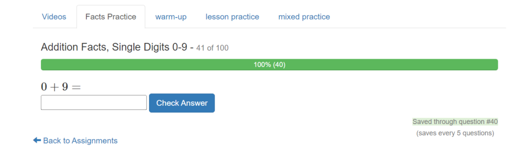 screenshot of my math assistant facts practice questions