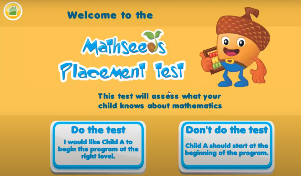 screenshot of mathseeds placement test