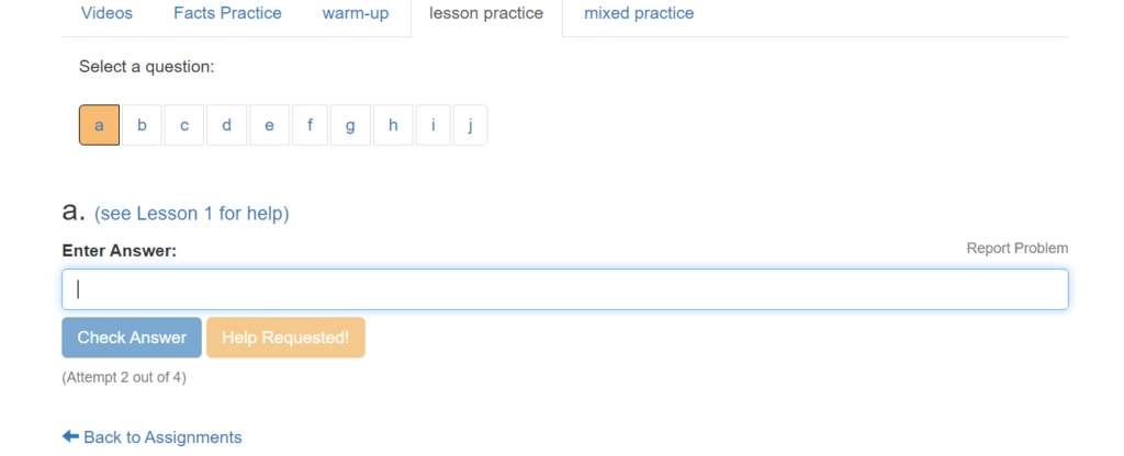 screenshot of lesson practice question in my math assistant