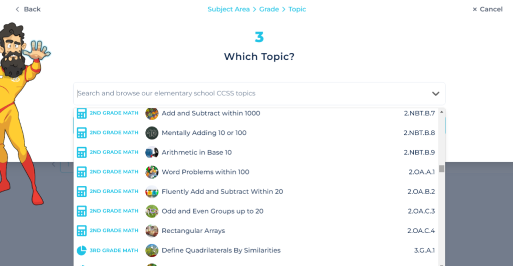 screenshot of parent selecting specific topic to practice in legends of learning
