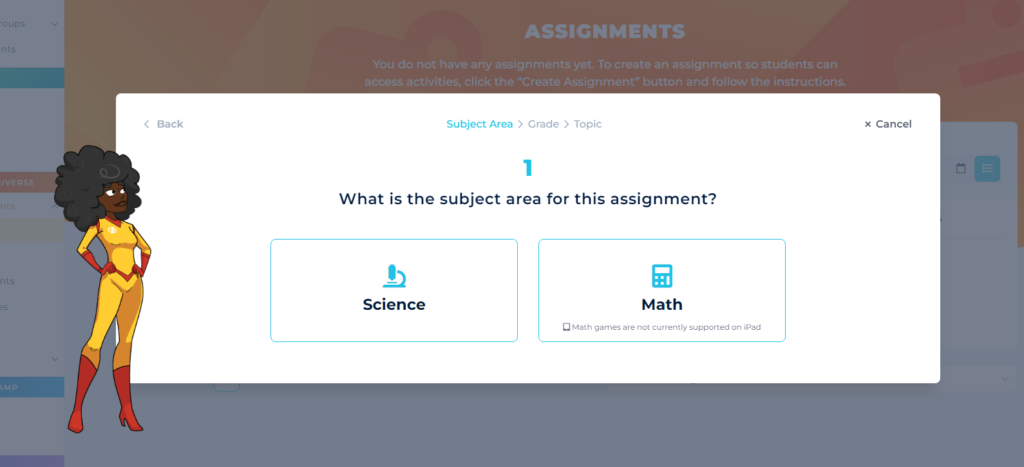 screenshot of assignment building selecting subjects