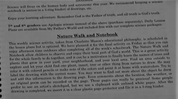 picture showing nature walk and other charlotte mason activities in my father's world teacher's manual