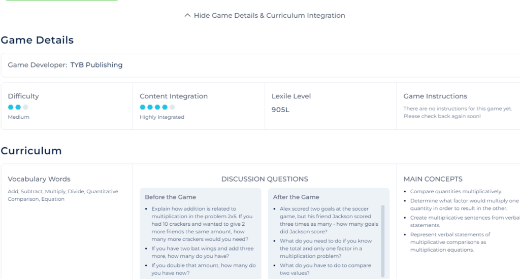 screenshot of curriculum and learning details for a game in legends of learning