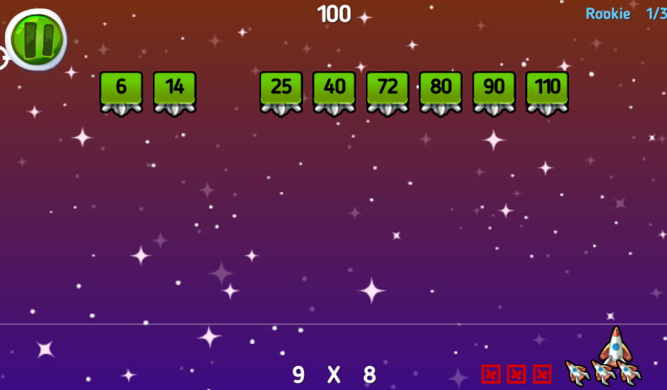 screenshot of times tables shoot em up game in ctcmath