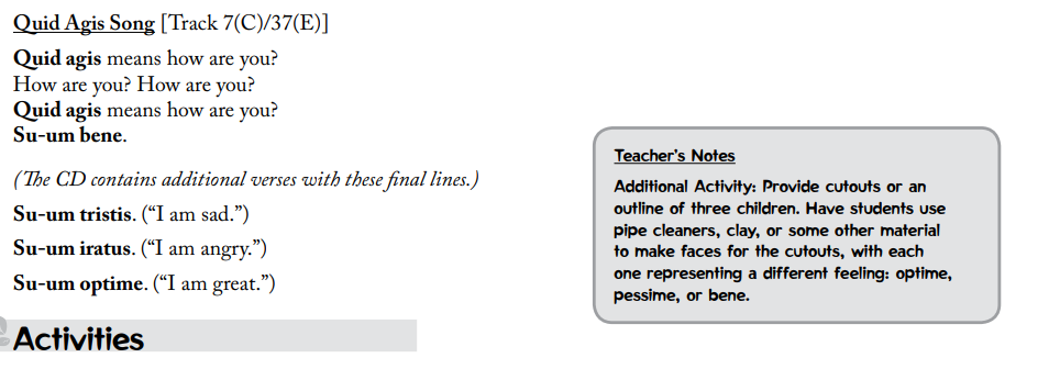 picture of teaching notes found in teachers edition of song school latin