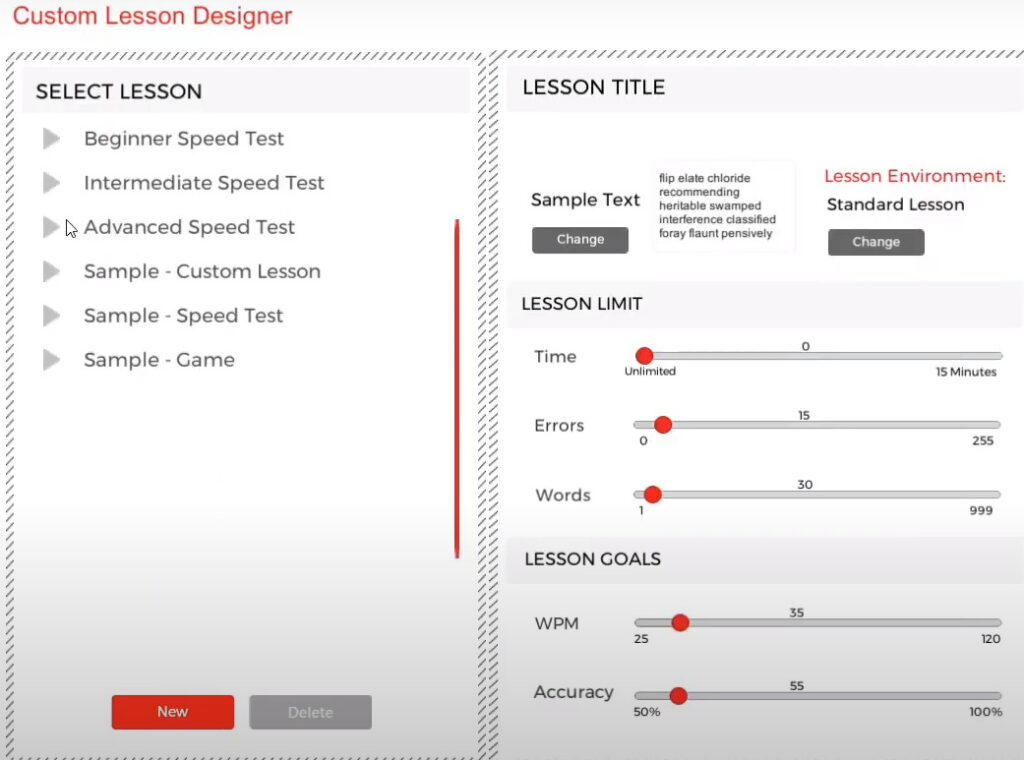 screenshot of custom lesson menu in mavis beacon teaches typing