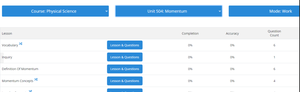 screenshot showing student page in positive physics and lesson layout