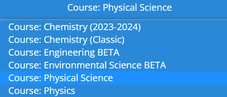 screenshot of positive physics course selection menu